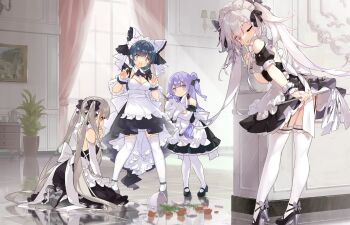 4girls alternate_costume apron azur_lane broken cheshire_(azur_lane) curtains flower flower_pot formidable_(azur_lane) high_heels highres indoors kneeling maid maid_apron maid_headdress multiple_girls plant potted_plant rose saru teapot thighhighs unicorn unicorn_(azur_lane) vampire_(azur_lane) window winged_unicorn