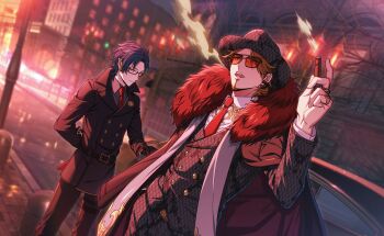 Rule 34 | 2boys, arm behind back, black gloves, black pants, brown eyes, brown hair, cigar, cigarette, collared shirt, earrings, facial hair, formal clothes, fur trim, game cg, glasses, gloves, goatee, gray reverse, happy elements, hat, helios rising heroes, highres, holding, jacket, jay kidman, jewelry, long sleeves, male focus, multiple boys, necktie, non-web source, official art, outdoors, pants, red necktie, ring, shirt, smoke, smoking, suit, white shirt