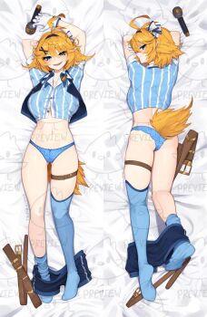 1girl absurdres antenna_hair aqua_eyes artist_name ass bare_arms bed_sheet belt black_hairband blonde_hair blue_panties blue_shirt blue_shorts blue_thighhighs breasts commentary cropped_shirt dakimakura_(medium) dokibird dragoon_(dokibird) english_commentary full_body gloves gluteal_fold hair_between_eyes hair_ornament hairband highres indie_virtual_youtuber large_breasts looking_at_viewer lying microphone multiple_views navel no_pants no_shoes on_back on_stomach open_mouth panties pinstripe_pattern shirt short_hair short_sleeves shorts shorts_around_one_leg smile stomach striped_clothes striped_shirt tail thigh_strap thighhighs thighhighs_pull underwear unworn_belt vertical-striped_clothes vertical-striped_shirt virtual_youtuber watermark white_gloves x_hair_ornament yoako