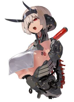 Rule 34 | 1girl, absurdres, amputee, android, armless amputee, blonde hair, breast curtain, breasts, highres, large breasts, mechabare, mechanical spine, amputee, no arms, open mouth, original, red eyes, short hair, sideboob, solo, underboob, upper body, white background, yunimaru