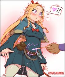 !? 1girl 1other belt belt_pouch blue_capelet blue_dress blush book_strap bow braid breasts brown_choker capelet choker commentary constricted_pupils covered_erect_nipples crown_braid crying crying_with_eyes_open dress dungeon_meshi elf english_commentary female_ejaculation female_orgasm forced_orgasm gaiidraws grey_thighhighs hair_bow heart highres holding holding_wand hood hood_down hooded_capelet long_hair long_sleeves magic marcille_donato medium_breasts orange_hair orgasm out_of_frame pink_eyes pointy_ears pouch pussy_juice red_bow sleeves_past_wrists snot solo_focus spoken_heart spontaneous_orgasm taut_clothes taut_dress tears thighhighs torogao uncommon_stimulation very_long_hair wand