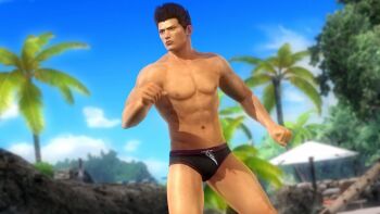 1boy 3d abs artist_request black_male_swimwear black_swim_briefs brown_eyes brown_hair day dead_or_alive dead_or_alive_5 drawstring island jann_lee male_focus male_swimwear muscular navel nipples official_art outdoors pectorals short_hair sky solo standing swim_briefs tecmo