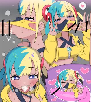 1boy 1girl :&gt;= bar_censor blonde_hair blue_eyes bubukka canari_(pokemon) censored commentary cum cum_in_mouth cum_on_tongue fellatio heart heart-shaped_pupils hetero mask mouth_mask nintendo oral penis pokemon pokemon_legends:_z-a stray_pubic_hair symbol-shaped_pupils