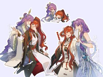 2girls absurdres alternate_costume artist_self-insert bare_shoulders behind_another blunt_bangs braid chinese_clothes chinese_commentary closed_eyes commentary commission commissioner_insert couple covering_another's_mouth dress food genshin_impact hair_between_eyes hair_ornament hand_fan hands_up happy heterochromia high_ponytail highres holding holding_another's_wrist holding_fan holding_food holding_paintbrush long_braid long_hair long_sleeves looking_down looking_to_the_side lying multiple_girls oc_x_canon on_stomach open_mouth original paintbrush paper_fan ponytail purple_background purple_eyes purple_hair raiden_shogun simple_background single_braid sitting sleeveless sleeveless_dress smile wide_sleeves yilinglaozu121 yuri