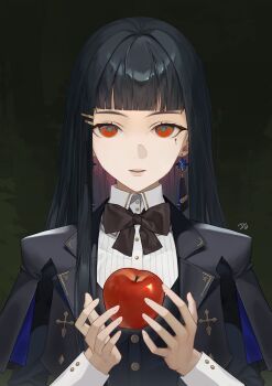 1girl absurdres apple black_bow black_bowtie black_capelet black_hair black_jacket blunt_bangs bow bowtie capelet collared_shirt d.sum earrings facial_mark food fruit green_background hair_ornament hairclip highres jacket jewelry long_hair long_sleeves looking_at_viewer original parted_lips red_eyes shirt solo upper_body white_shirt