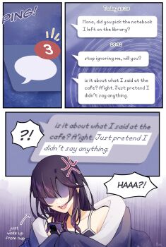 !? 1girl alternate_costume alternate_hairstyle anger_vein annoyed black_hair black_tank_top blunt_bangs casual cellphone collarbone contemporary dated english_text genshin_impact hair_down highres holding holding_phone left-to-right_manga looking_at_phone messy_hair mona_(genshin_impact) notification open_mouth parted_bangs phone renacchi06 shaded_face sidelocks signature solo split_ends spoken_interrobang star_(symbol) star_print tank_top teeth text_messaging tongue under_covers upper_teeth_only white_trim