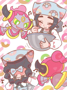1girl absurdres ansha_(pokemon) apron black_hair blush_stickers bow bowl closed_eyes closed_mouth commentary_request eyelashes gen_6_pokemon hair_bow hair_rings happy headscarf highres holding holding_bowl hoopa hoopa_(confined) iechi legendary_pokemon long_hair long_sleeves multiple_views musical_note mythical_pokemon nintendo pokemon pokemon_(creature) pokemon_legends:_z-a shirt smile stirring white_shirt