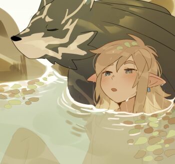 1boy blonde_hair blue_eyes blush earrings half-closed_eyes jewelry link long_hair male_focus nintendo onsen parted_lips pointy_ears sidelocks suikaels the_legend_of_zelda the_legend_of_zelda:_breath_of_the_wild the_legend_of_zelda:_twilight_princess wolf wolf_link