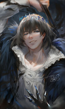 1boy absurdres black_hair buttons cape commentary english_commentary fate/grand_order fate_(series) frilled_shirt_collar frills fur-trimmed_cape fur_trim grey_hair hair_between_eyes highres holding holding_weapon long_sleeves looking_at_viewer male_focus oberon_(fate) oberon_(third_ascension)_(fate) renrenka_noi shirt short_hair signature solo upper_body weapon white_shirt