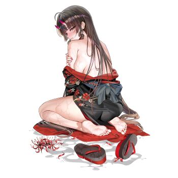 1girl ahoge back backboob blunt_bangs blush breasts brown_hair completely_nude drill_hair drill_sidelocks feet from_behind full_body game_asset highres horns last_origin lily_bloomerchen long_hair looking_at_viewer looking_back median_furrow medium_breasts nail_polish non-web_source nude official_alternate_costume official_art oni parted_lips purple_horns red_eyes red_nails seiza sidelocks simple_background sitting small_horns solo soulworker tachi-e taesi tearing_up toenail_polish toenails transparent_background wet
