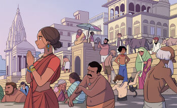 Rule 34 | balding, bathing, black hair, brown facial hair, brown hair, cat, commentary request, dark-skinned female, dark-skinned male, dark skin, day, facial hair, fat, fat man, grey hair, gurihiru, hair bun, india, indian clothes, jewelry, midriff, mixed-sex bathing, multiple boys, multiple girls, necklace, old, old man, old woman, original, profile, red turban, sari, shared bathing, short hair, topless male, turban, umbrella, wading