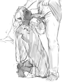 Rule 34 | 2boys, annas anya, arm support, barefoot, clothes lift, clothes pull, commentary, dark-skinned male, dark skin, delgal (dungeon meshi), dungeon meshi, elf, english commentary, erection, feet, fellatio, forehead, highres, kneeling, long hair, male focus, male pubic hair, monochrome, multiple boys, nipples, oral, pants, pants pull, penis, pointy ears, pubic hair, shirt lift, simple background, soles, thistle (dungeon meshi), white background, yaoi