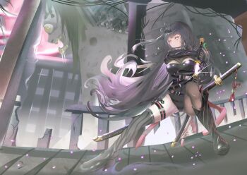 Rule 34 | 1girl, absurdres, asymmetrical legwear, belt, black belt, black bodystocking, black bridal gauntlets, black collar, black hair, bodystocking, breasts, bridal gauntlets, chaos zero nightmare, chest harness, cleavage, collar, colored inner hair, commentary request, hand up, harness, highres, holding, holding sword, holding weapon, katana, large breasts, leotard, long hair, mismatched legwear, monster, multicolored hair, petals, pouch, red eyes, rin (chaos zero nightmare), see-through cleavage, see-through clothes, sidelocks, single hiphigh, single thighhigh, spread legs, strap, sword, tassel, thigh strap, thighhighs, thighs, very long hair, weapon, yerma