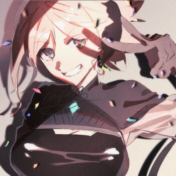 Rule 34 | 1girl, awapontasu, black gloves, blonde hair, breasts, cleavage, cleavage cutout, clothing cutout, commentary request, confetti, fate/grand order, fate (series), gloves, grey eyes, grin, highres, large breasts, miyamoto musashi (exhibition attire) (fate), miyamoto musashi (fate), portrait, signature, smile, solo, v