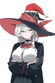 1girl arms_under_breasts black_hat black_robe black_skirt blue_archive blush bow bowtie braid breasts button_gap commentary crossed_arms diagonal-striped_bow diagonal-striped_bowtie diagonal-striped_clothes earrings eri_(blue_archive) fur-trimmed_headwear fur_trim grey_hair hat jewelry large_breasts looking_at_viewer multicolored_hair pleated_skirt potgit red_bow red_bowtie red_hair revision robe santa_hat shirt simple_background single_braid skirt smile solo streaked_hair striped_bow striped_bowtie striped_clothes triangle_earrings two-sided_fabric two-sided_headwear two-tone_hair undershirt white_background white_shirt witch_hat