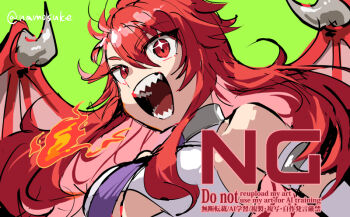 1girl :d bad_bluesky_id bad_id breasts breath_weapon breathing_fire commentary_request dragon_wings fire green_background large_breasts letizia_(ragnarok_online) long_hair looking_at_viewer namosuke_(oetwmkekmz) open_mouth ragnarok_online red_eyes red_hair red_wings sharp_teeth shirt sleeveless sleeveless_shirt smile solo teeth underboob upper_body watermark white_shirt wings