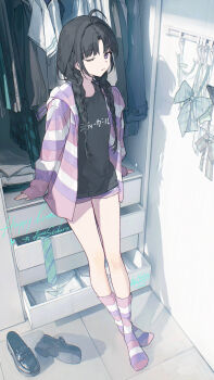 1girl ahoge awa_subaru black_hair black_shirt bow bowtie braid closed_mouth clothes_writing commentary_request crossed_ankles diagonal-striped_bow diagonal-striped_bowtie diagonal-striped_clothes diagonal-striped_necktie girls_band_cry happy_birthday highres hood hood_down hooded_jacket indoors jacket loafers long_hair looking_at_viewer necktie one_eye_closed open_clothes open_jacket parted_bangs purple_eyes sailor_collar sailor_shirt shadow shirt shoes shorts sidelighting socks solo striped_bow striped_bowtie striped_clothes striped_jacket striped_necktie striped_socks tochigi_1990 twin_braids unworn_bowtie unworn_clothes unworn_jacket unworn_necktie unworn_shirt unworn_shoes