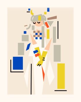 Rule 34 | 1girl, abstract, arknights, blonde hair, blue hair, blue horns, border, colored extremities, commentary, de stijl, dress, english commentary, facing viewer, feet out of frame, grey hair, highres, horns, long hair, multicolored hair, multicolored horns, nikov, own hands together, shapes, shu (arknights), solo, straight-on, two-tone horns, very long hair, white border, white dress, yellow hands, yellow horns