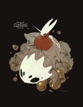arthropod_girl bell bell_beast_(hollow_knight) black_background black_eyes cloak commentary copyright_name english_commentary extra_eyes highres hollow_eyes hollow_knight hollow_knight:_silksong hornet_(hollow_knight) horns la_bo_chu_shi needle_(hollow_knight) red_cloak silk simple_background
