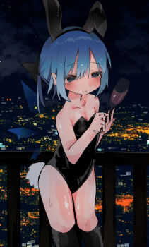 absurdres alternate_costume alternate_hairstyle animal_ears black_thighhighs blue_eyes blue_hair blush breasts cirno city closed_mouth collarbone commentary_request cup detached_wings drinking_glass embarrassed highres nacht_musik night nontraditional_playboy_bunny playboy_bunny rabbit_ears rabbit_tail small_breasts tail thighhighs touhou wine_glass wings