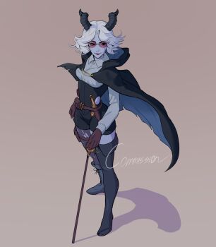 Rule 34 | 1girl, absurdres, andrei (shidanasu), asymmetrical legwear, belt pouch, black boots, black cape, black corset, black eyes, black shorts, blue cape, blue skin, boots, breasts, brown gloves, cane, cape, collared shirt, colored skin, commentary, commission, corset, demon girl, demon horns, dress shirt, english commentary, flipped hair, full body, glasses, gloves, grey shirt, highres, holding, holding cane, hood, hood down, hooded cape, horns, knife, knife sheath, lace-up boots, long sleeves, looking to the side, luciana (nobleoutlier), mismatched legwear, mole, mole under eye, original, pantyhose, parted bangs, pouch, purple-tinted eyewear, round eyewear, shadow, sheath, shirt, short hair, shorts, single leg pantyhose, single thigh boot, solo, standing, thigh boots, tinted eyewear, torn clothes, torn pantyhose, two-sided cape, two-sided fabric, white hair