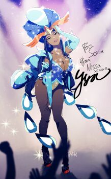 alternate_costume audience blue_eyes blue_hair blurry blurry_foreground breasts bridal_gauntlets character_name cleavage collarbone cosplay dark-skinned_female dark_skin elbow_gloves eyeshadow facing_viewer gloves headdress high_heels highres jewelry large_breasts leaning_forward long_hair looking_at_viewer makeup nail_polish necklace nessa_(pokemon) nintendo parted_lips pokemon pokemon_swsh quaquaval quaquaval_(cosplay) r3dfive red_lips smile sparkle stage