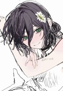 1girl black_choker black_hair chainsaw_man choker closed_mouth flower green_eyes hair_between_eyes hair_flower hair_ornament highres light_smile nokoru_sora partially_colored reze_(chainsaw_man) solo unfinished white_flower