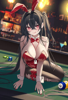 1girl animal_ear_hairband animal_ears arm_support azur_lane ball bar_(place) bare_shoulders billiard_ball black_hair black_pants black_pantyhose blurry blurry_background blush bow bowtie breasts cleavage cocktail_glass commentary_request crossed_bangs cup detached_collar drinking_glass dutch_angle fake_animal_ears hair_intakes hairband highleg highleg_leotard highres huge_breasts leotard licking_lips long_hair looking_at_viewer melt_(melt_out1) official_alternate_costume on_table pants pantyhose playboy_bunny poker_chip pool_table rabbit_ear_hairband rabbit_ears red_bow red_bowtie red_eyes red_leotard red_nails sitting solo strapless strapless_leotard table taihou_(azur_lane) taihou_(fun_on_the_baize)_(azur_lane) tongue tongue_out torn_clothes torn_pantyhose very_long_hair white_wrist_cuffs wrist_cuffs yokozuwari