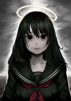 1girl absurdres black_eyes black_hair black_sailor_collar black_serafuku breasts collarbone commentary_request disorder! empty_eyes halo highres lips medium_breasts neckerchief original pale_skin red_neckerchief sailor_collar school_uniform serafuku solo straight-on upper_body