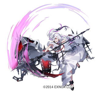 Rule 34 | 1girl, black gloves, black hair, black shoes, character request, commentary request, copyright notice, dress, gloves, gradient hair, holding, holding scythe, holding weapon, multicolored hair, open mouth, oshiro project:re, pekoo (pekota), pink hair, red eyes, scythe, shoes, solo, streaked hair, swinging weapon, weapon, white background, white dress, white hair