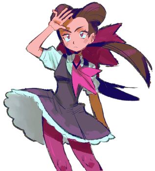 1girl ascot bow brown_hair dress grey_dress hair_bow hair_pulled_back hand_up highres light_frown long_hair malan nintendo pantyhose pink_ascot pink_bow pink_pantyhose pokemon pokemon_oras roxanne_(pokemon) short_sleeves solo twintails white_background