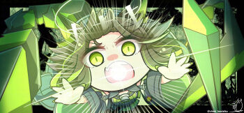 Rule 34 | 1girl, absurdres, animal ears, arknights, artist name, benizika, black border, black hair, black jacket, border, cat ears, chibi, chibi only, commentary request, crystal tail, dress, emphasis lines, fingernails, green dress, green eyes, green hair, green nails, green streaks, highres, incoming attack, jacket, long hair, long sleeves, looking at viewer, mon3tr (arknights), mouth beam, multicolored hair, off shoulder, open mouth, outstretched arms, outstretched hand, powering up, signature, slit pupils, solo, tail, teeth, upper body, upper teeth only, v-shaped eyebrows