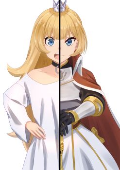 1girl absurdres arm_guards black_choker black_gloves blonde_hair cape chest_guard choker closed_mouth collarbone collared_cape crown dress gloves highres hime-sama_"goumon"_no_jikan_desu hime_(himesama_goumon) holding holding_sword holding_weapon long_hair looking_at_viewer mini_crown open_mouth red_cape scabbard sheath silver_crown simple_background solo split_screen split_theme sword taqielang teeth upper_teeth_only very_long_hair weapon white_background white_dress