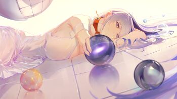 Rule 34 | 1girl, absurdres, armband, awakening (neural cloud), ball, blue eyes, blue hair, breasts, cleavage, closed mouth, collar, commentary, dress, english commentary, foreshortening, girls' frontline, girls' frontline neural cloud, highres, holding, holding ball, hubble (astral brilliance) (neural cloud), hubble (neural cloud), huge breasts, long hair, looking at viewer, lying, multicolored hair, official alternate costume, on floor, red collar, see-through clothes, see-through dress, serelith, solo, two-tone hair, white armband, white dress, white hair