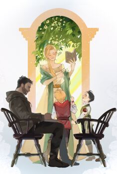 1girl 3boys aged_down avengers:_endgame avengers_(series) back baggy_pants bare_shoulders beard belt black_hair black_pants blonde_hair blush book boots brothers brown_belt brown_footwear brown_hair brown_pants cape chair child clenched_hand closed_eyes closed_mouth dress facial_hair frigga_(marvel) full_body gold_belt green_cape green_eyes green_pants green_vest grey_hoodie hands_up highres holding holding_book hood hoodie leaf loki_(marvel) long_hair long_sleeves low_ponytail marvel marvel mother_and_son multiple_boys off-shoulder_dress off_shoulder on_chair open_book open_mouth pants ponytail red_vest rileyli8 shirt short_hair short_sleeves siblings sitting smile standing sunlight table teeth thor_(marvel) vest white_shirt wristband yellow_dress