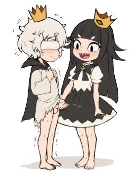 1boy 1girl absurdres bandages bandages_over_eyes barefoot black_bow black_cape black_dress black_hair blind blind_prince blunt_bangs blush bottomless bow bowtie brooch cape commentary crown dress english_commentary feet handjob highres jewelry juliet_sleeves kodomo_doushi legs liar_princess loli long_sleeves messy_hair open_mouth puffy_short_sleeves puffy_sleeves sharp_teeth short_sleeves shota sketch sketsa_mas_arif slit_pupils smile standing teeth thick_eyebrows toes trembling two-tone_dress usotsuki_hime_to_moumoku_ouji white_dress white_hair