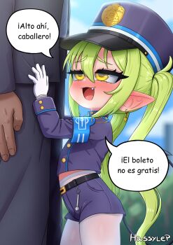 1boy 1girl age_difference artist_name blazer blue_archive blue_jacket blue_shorts blue_sky blurry blurry_background blush cowboy_shot day demon_girl demon_tail fang from_side gloves green_hair hassylep hat hetero jacket loli long_hair long_sleeves looking_at_another looking_up naughty_face nozomi_(blue_archive) open_mouth outdoors pantyhose pointy_ears shorts size_difference sky smug solo_focus spanish_text speech_bubble standing tail translation_request twintails variant_set white_gloves white_pantyhose yellow_eyes