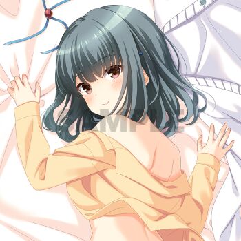 1girl bare_shoulders bed_sheet blue_ribbon blush brooch brown_eyes dakimakura_(medium) gem girlfriend_(kari) green_hair jacket jewelry long_sleeves looking_at_viewer looking_back lying medium_hair midriff off_shoulder official_art on_stomach red_gemstone ribbon sample_watermark second-party_source sheet_grab shinomiya_risa shirt shoulder_blades smile solo unworn_jacket upper_body watermark white_jacket yellow_shirt
