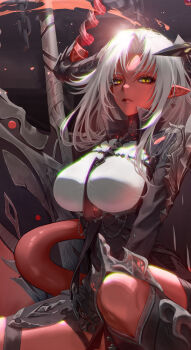 1girl absurdres black_jacket breasts chromatic_aberration closed_mouth colored_skin commentary demon_tail duet_night_abyss earrings greatsword hellfire_(duet_night_abyss) highres jacket jewelry large_breasts long_hair looking_at_viewer mapa_s2 pointy_ears red_skin red_tail shirt sidelocks solo squatting sword tail very_long_hair weapon white_hair white_shirt yellow_eyes