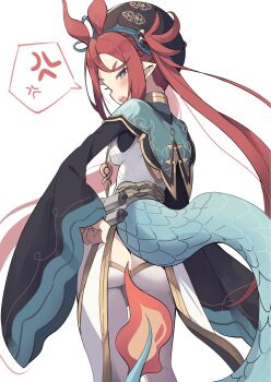 1girl antenna_hair aqua_capelet ass_cutout black_hat black_sleeves blue_eyes blush butt_crack capelet china_dress chinese_clothes chixia_(stella_sora) clothing_cutout commentary_request dragon_girl dragon_tail dress from_behind hand_on_own_hip hat highres koshian_(taiyaki) long_hair long_sleeves narrowed_eyes pantyhose pointy_ears profile red_hair simple_background solo stella_sora tail twintails very_long_hair white_background white_dress white_pantyhose wide_sleeves