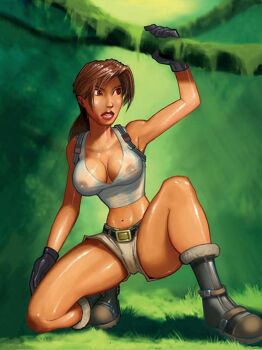 1girl bare_shoulders boots breasts brown_eyes brown_hair cameltoe female_focus gloves lara_croft see-through_clothes shiny_skin shorts solo tomb_raider