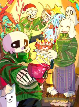 2022 2girls 3boys absurdres alternate_costume annoying_dog blue_skin cake christmas christmas_tree colored_skin dated food ghost goat_girl green_sweater hat highres holding holding_cake holding_food multiple_boys multiple_girls napstablook papyrus_(undertale) sans_(undertale) santa_hat skeleton smile sweater tama_(tamafuku08) teeth toriel undertale undyne utdr_(toby_fox) white_fur