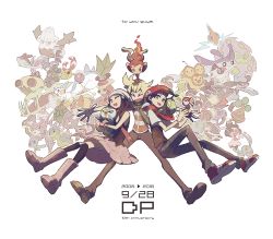 1girl 2boys anniversary barry_(pokemon) beanie bidoof black_hair blonde_hair blue_eyes bonsly boots bronzor budew buizel buneary burmy burmy_(plant) carnivine chatot cherubi chingling closed_eyes combee copyright_name cranidos croagunk dated dawn_(pokemon) domu_(hamadura) drifloon english_text finneon gen_4_pokemon gen_6_pokemon gible glameow happiny hat highres hippopotas hippopotas_(male) holding holding_poke_ball kricketot legendary_pokemon long_hair lucas_(pokemon) manaphy mantyke mime_jr. multiple_boys munchlax mythical_pokemon nintendo on_head one_eye_closed pancham phione pink_boots piplup poke_ball poke_ball_(basic) pokemon pokemon_(creature) pokemon_dppt pokemon_on_head riolu rotom rotom_(normal) scarf shellos shellos_(east) shieldon shinx shirt shoes skorupi sneakers snover spiritomb starly starter_pokemon_trio striped_clothes striped_shirt stunky turtwig