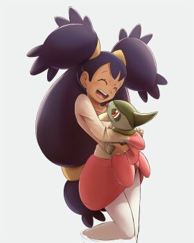 1girl ^_^ absurdres axew blush bow closed_eyes cropped_legs dark-skinned_female dark_skin female_focus gen_5_pokemon grey_background hair_ornament happy highres holding holding_pokemon hug iris_(pokemon) julian0223 leg_up leggings light_blush long_hair long_sleeves looking_at_another looking_up low-tied_long_hair miniskirt nintendo open_mouth pink_bow pink_skirt pokemon pokemon_(creature) pokemon_bw purple_hair red_eyes shirt simple_background skirt smile standing standing_on_one_leg teeth white_leggings yellow_shirt