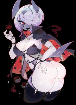 1girl absol ass black_background black_bra black_cape black_thighhighs bra breasts cape commentary commission cropped_legs english_commentary furry furry_female gen_3_pokemon hair_over_one_eye hand_up highres horns large_breasts looking_at_viewer mega_absol mega_pokemon nintendo one_eye_covered open_mouth personification poke_ball poke_ball_(basic) pokemon red_eyes short_hair smile snout solo swept_bangs thighhighs twisted_torso underwear usa37107692 white_hair