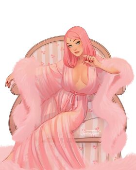 Rule 34 | 1girl, boruto: naruto next generations, breasts, commentary, english commentary, facial mark, forehead mark, fur scarf, green eyes, haruno sakura, highres, kankuroplease, lips, medium breasts, medium hair, naruto (series), nightgown, pink hair, pink nightgown, pink scarf, scarf, see-through clothes, signature, sitting, smile, solo