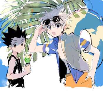 2boys adjusting_eyewear alternate_costume arm_up black_hair black_tank_top blue_eyes brown_eyes collared_shirt cropped_legs drinking_straw drinking_straw_in_mouth eyewear_on_head gon_freecss holding holding_swim_ring hunter_x_hunter innertube killua_zoldyck male_focus multiple_boys open_clothes open_mouth open_shirt orange_shorts outdoors palm_leaf shirt short_hair short_sleeves shorts smcms-m smile summer sunglasses swim_ring tank_top transparent_innertube white_hair widow&#039;s_peak wing_collar
