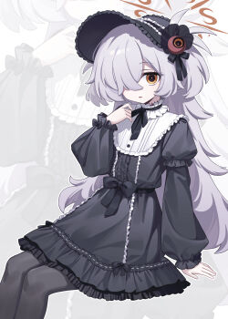 1girl alternate_costume black_bonnet black_bow black_bowtie black_dress black_pantyhose blue_archive bonnet bow bowtie brown_eyes center_frills collar deadnooodles dotted_line dress frilled_bonnet frilled_collar frilled_dress frills grey_hair hair_over_one_eye highres kanoe_(blue_archive) layered_sleeves lolita_fashion long_hair long_sleeves looking_at_viewer pantyhose puffy_long_sleeves puffy_sleeves short_over_long_sleeves short_sleeves solo two_side_up zoom_layer