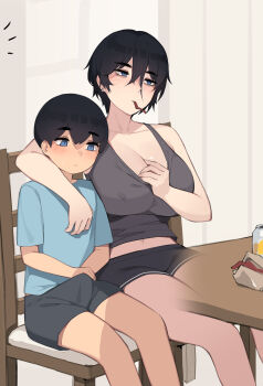 1boy 1girl absurdres age_difference akiyama_toru_(pepper0) arm_around_shoulder aunt_and_nephew beer_can black_hair black_shorts blue_eyes blue_shirt blush breasts bulge can chair closed_mouth drink_can earrings eating erection erection_under_clothes family food_wrapper grey_shirt grey_tank_top hand_on_another's_chest hand_on_own_chest hands_on_lap highres incest indoors jewelry large_breasts midriff_peek miyamoto_chihiro_(pepper0) on_chair onee-shota original own_hands_together pale_skin pepper0 shirt shorts shota sitting sweatdrop t-shirt table tagme tank_top thighs wooden_chair wooden_table