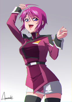 1girl ahoge amasaki_yusuke arm_up black_thighhighs blue_eyes breasts grey_background gundam gundam_seed gundam_seed_freedom hair_between_eyes highres jacket light_blush long_sleeves lunamaria_hawke medium_breasts military_jacket military_uniform miniskirt open_mouth purple_hair purple_jacket short_hair signature skirt smile solo thighhighs white_skirt